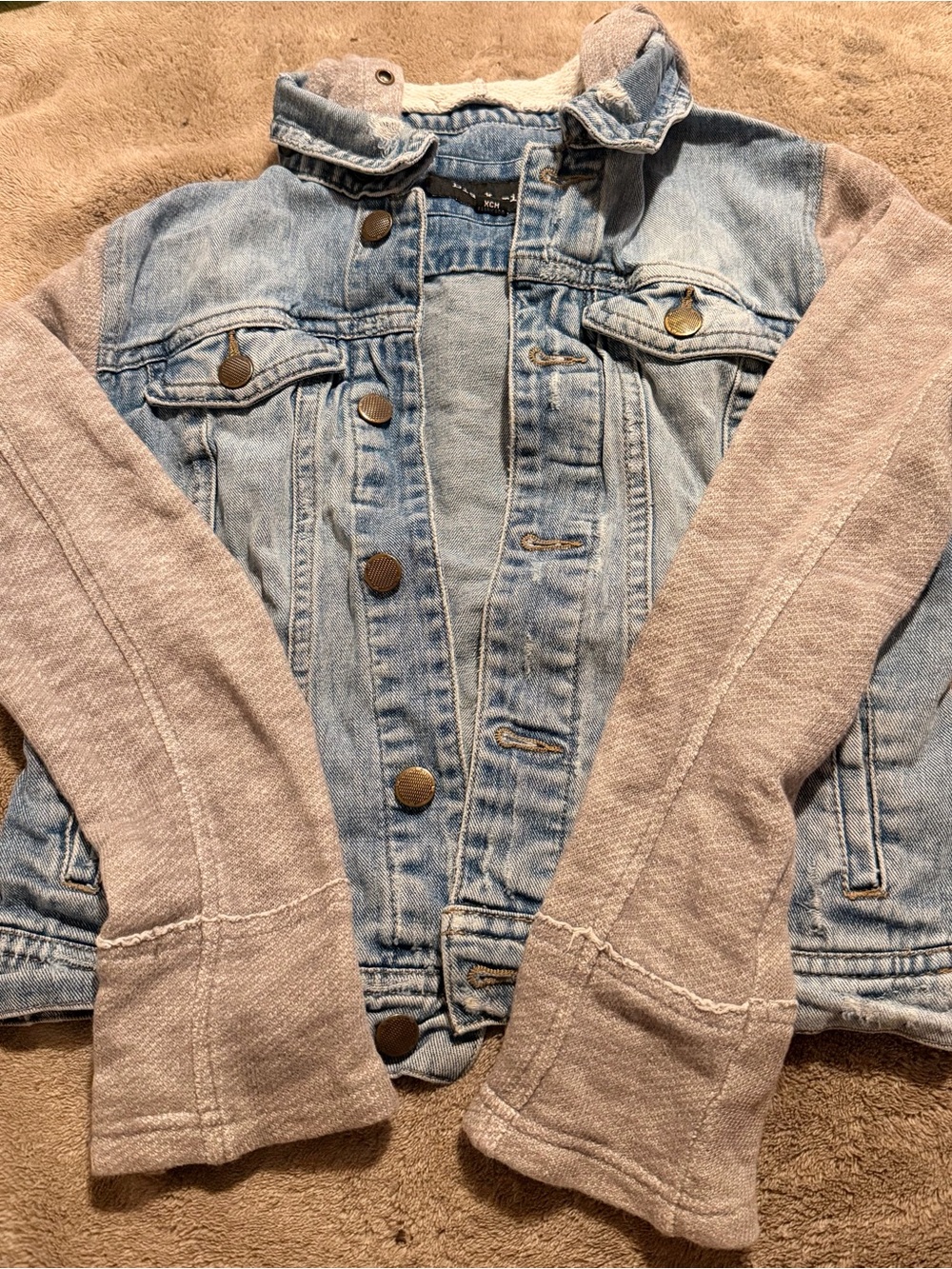 Black Rivet Light Blue Denim Jacket with Heather Gray Knit Sleeves - Kids